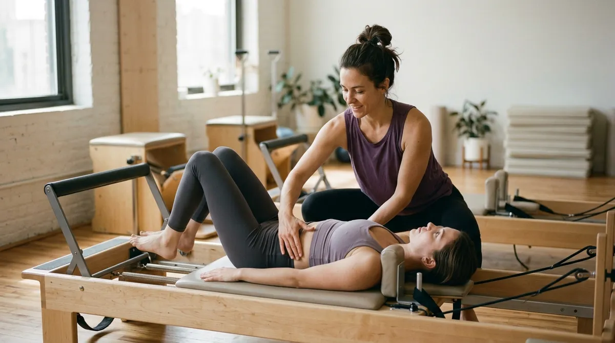 Professeur de pilates corrigeant une élève sur un Reformer